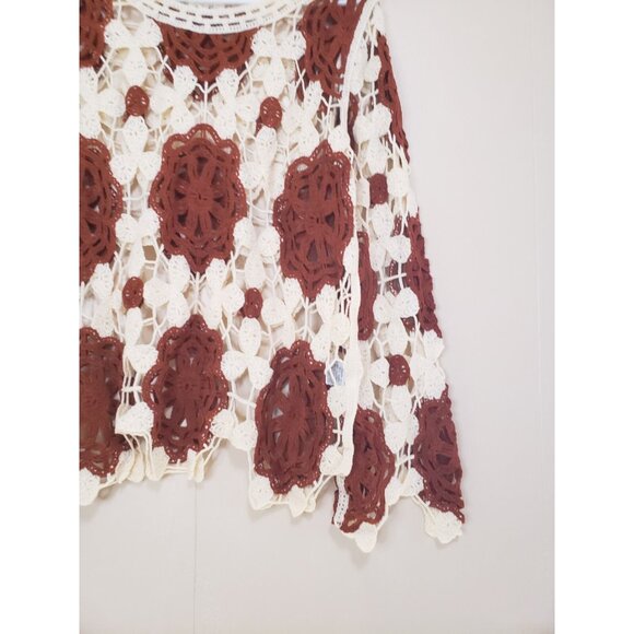 Kings Road Womens L Crochet Top Floral Cream Brown Flare Sleeve Festival Boho - Picture 4 of 7